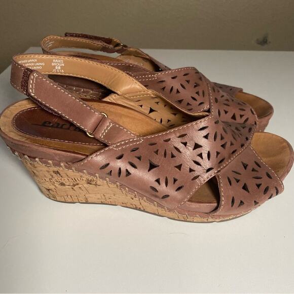 EARTH Aries Leather Slingback Sandals Wedge Cork Brown Womens 8B - Picture 1 of 8